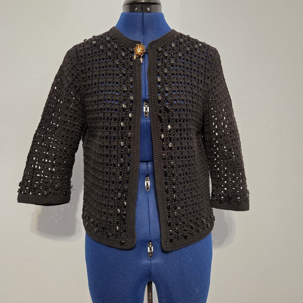 Vintage Black Cotton Crochet Beaded Cardigan Size M